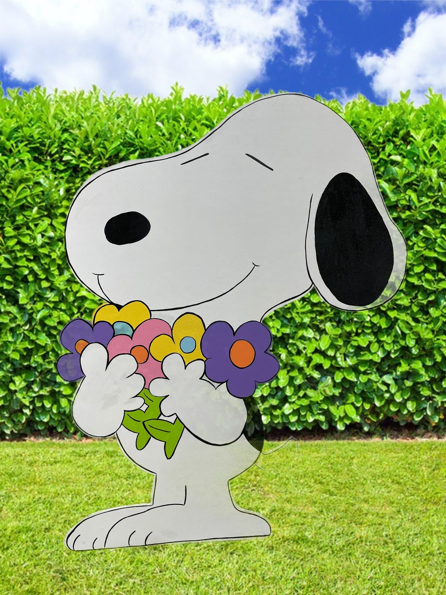 Hand Painted Wood Yard Art - Snoopy with Flower Bouquet - Spring or Easter Lawn Decoration - Outdoor Ready