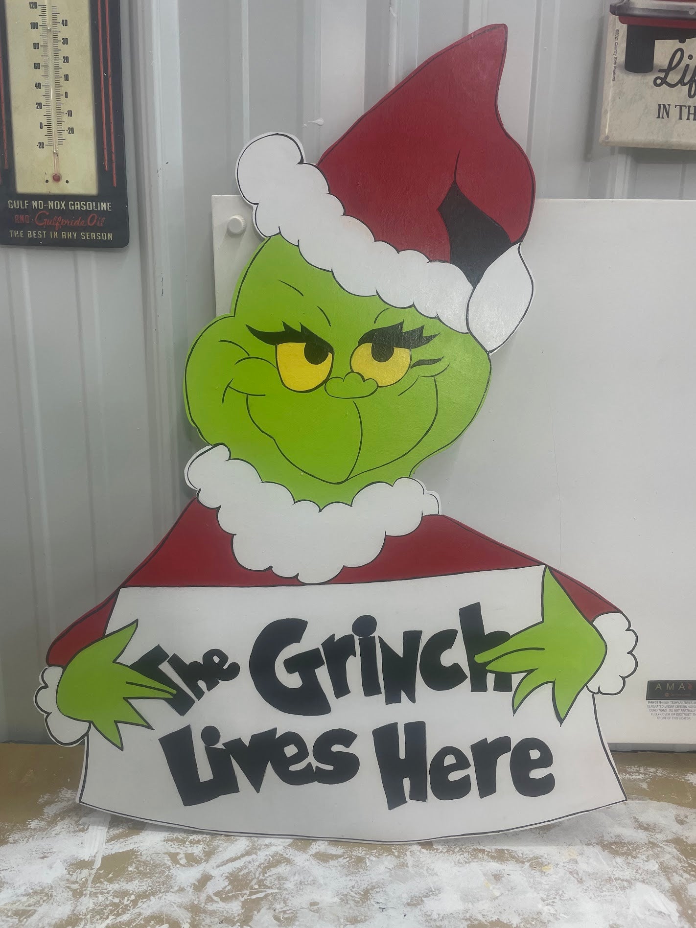 Hand Painted Wooden Yard Art - Grinch Sign - The Grinch Lives Here - Outdoor Ready