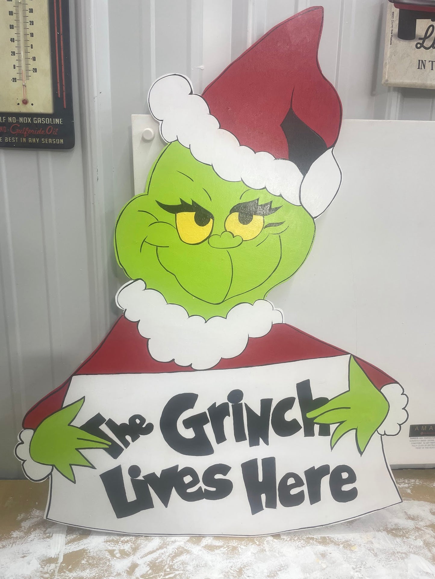 Hand Painted Wooden Yard Art - Grinch Sign - The Grinch Lives Here - Outdoor Ready