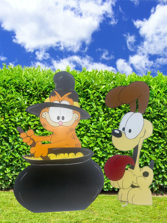 Hand Painted Wood Yard Art - Garfield and Odie Witch Halloween - Outdoor Lawn Decoration