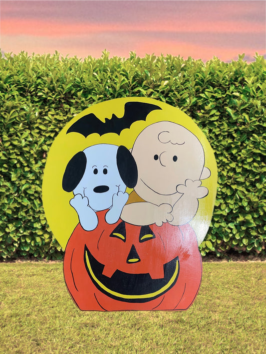 Hand Painted Wood Yard Art - Charlie Brown and Snoopy Halloween Great Pumpkin - Outdoor Lawn Decoration