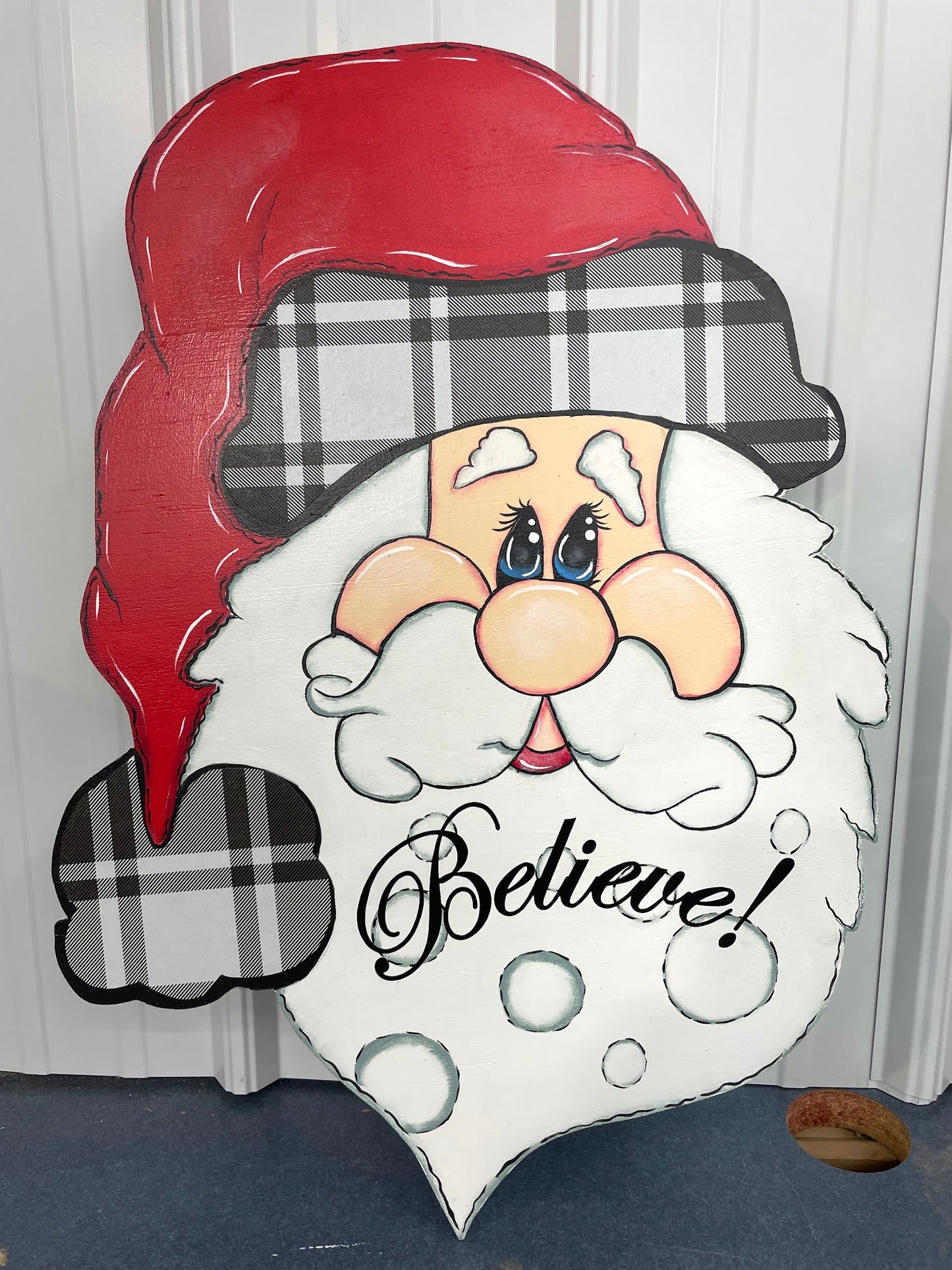 Hand Painted Wood Yard, Porch or Door Art - Santa Face - Buffalo Plaid - Outdoor Christmas Decoration