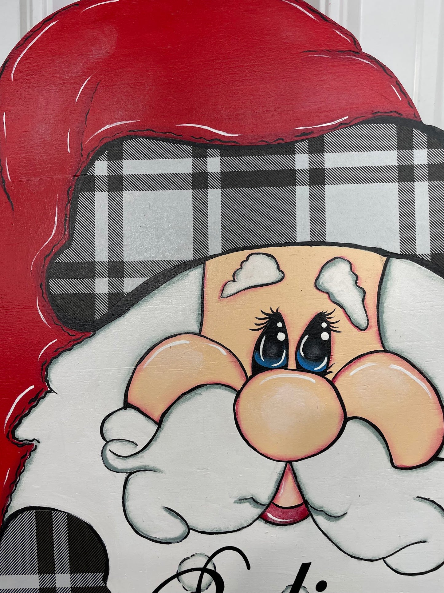 Hand Painted Wood Yard, Porch or Door Art - Santa Face - Buffalo Plaid - Outdoor Christmas Decoration