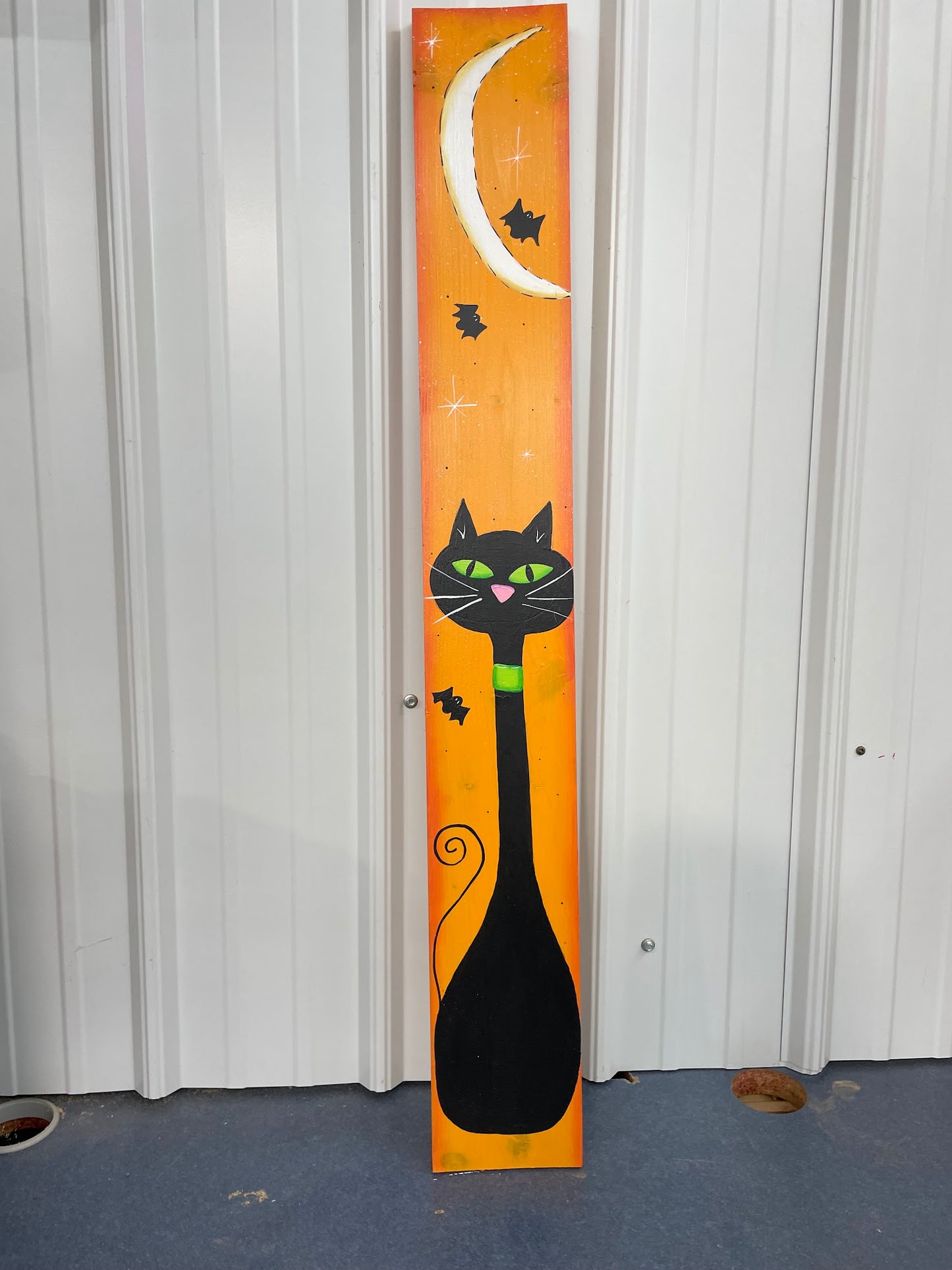 Hand Painted Wood Door and Porch Leaning Sign - Cat with Moon - Fall and Halloween Home and Garden Decor