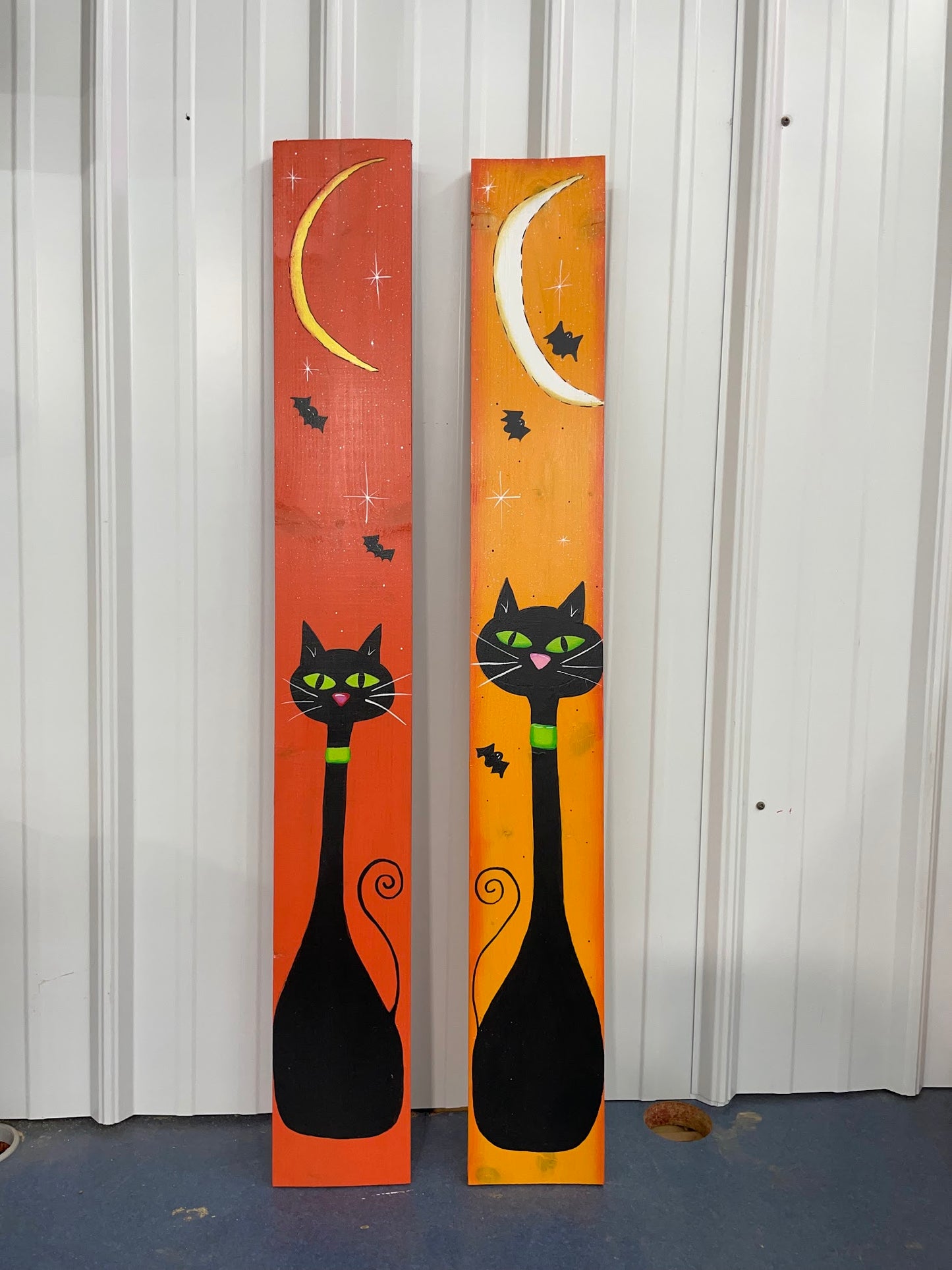 Hand Painted Wood Door and Porch Leaning Sign - Cat with Moon - Fall and Halloween Home and Garden Decor