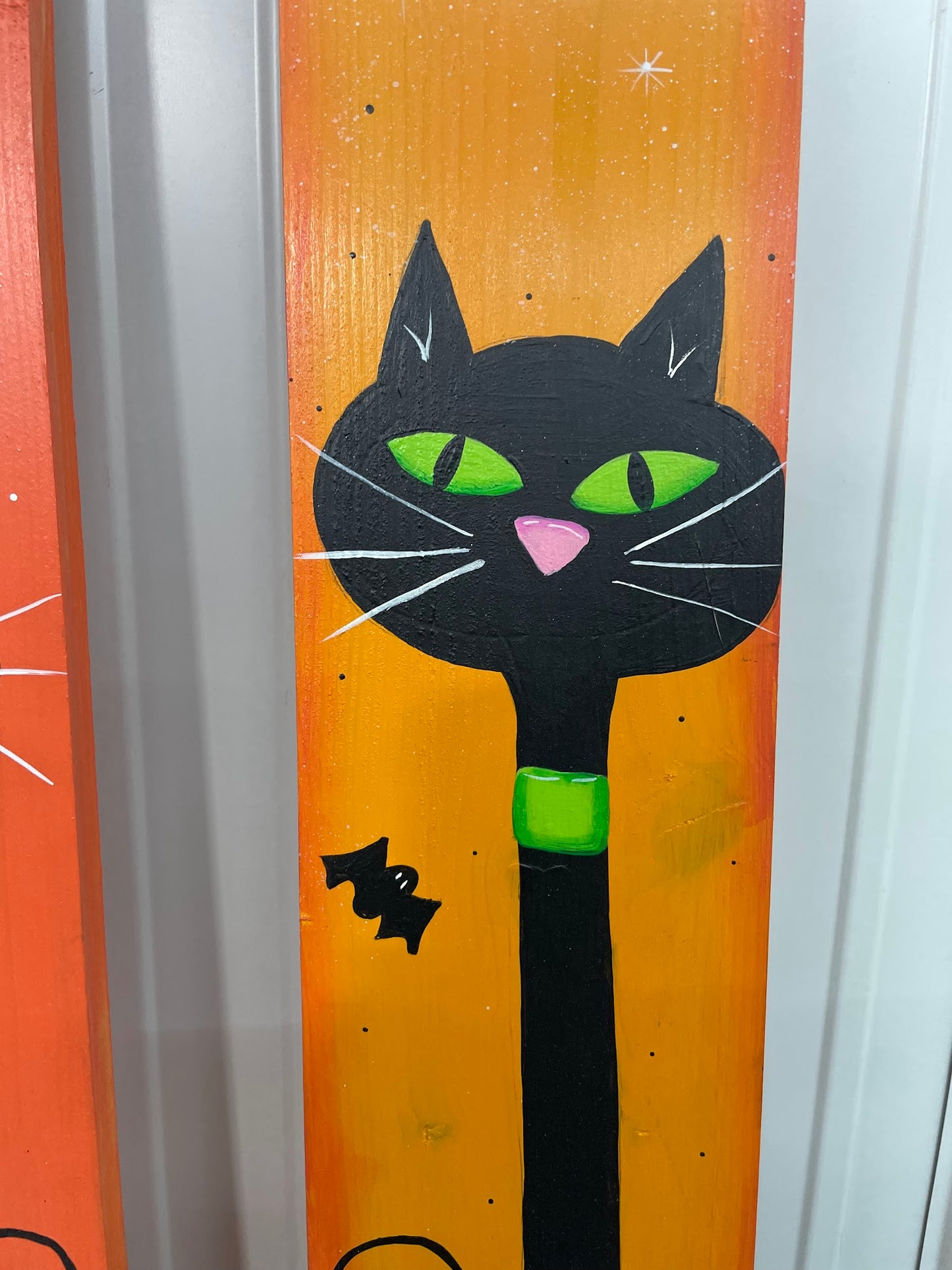 Hand Painted Wood Door and Porch Leaning Sign - Cat with Moon - Fall and Halloween Home and Garden Decor