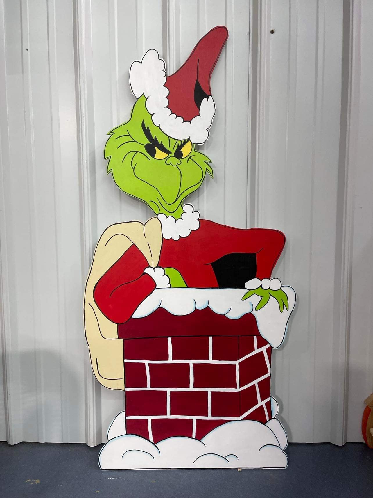 Hand Painted Wooden Yard Art - Grinch coming out of Chimney - Outdoor Ready - Christmas Lawn Decoration