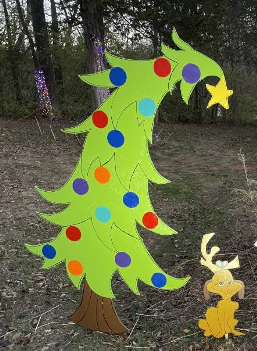 Hand Painted Wooden Yard Art - Grinch Style Tree - Outdoor Ready