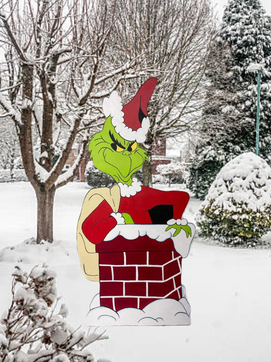 Hand Painted Wooden Yard Art - Grinch coming out of Chimney - Outdoor Ready - Christmas Lawn Decoration