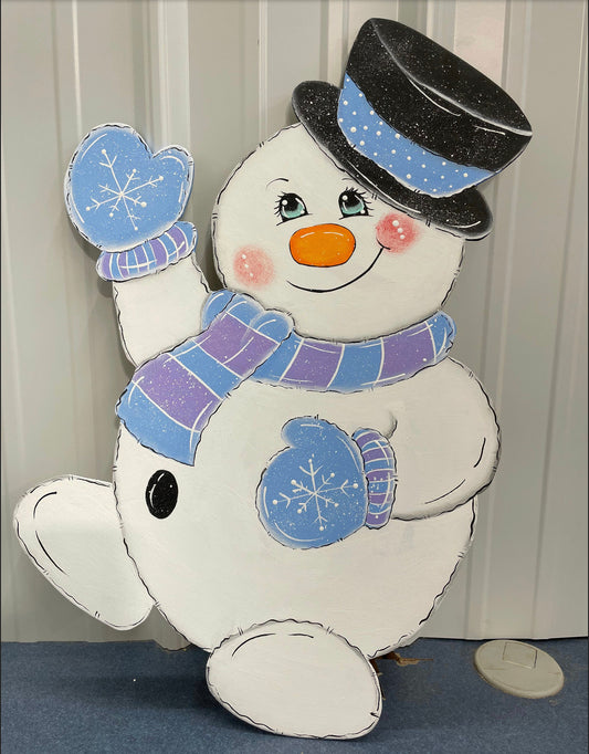 Hand Painted Wood Yard Art - Winter Waving Snowman - Lawn or Garden Decoration - Door or Porch Hanger