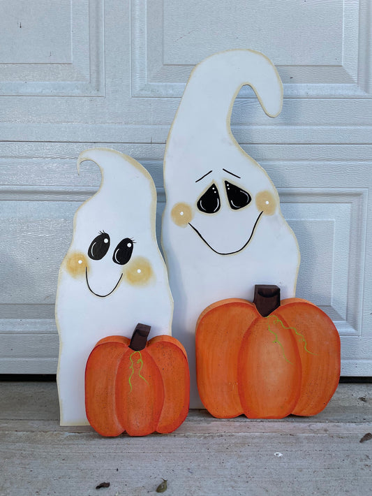 Hand Painted Wood Art - Ghost and Pumpkin Rustic Decoration - Fall and Halloween - For Indoor and Outdoor