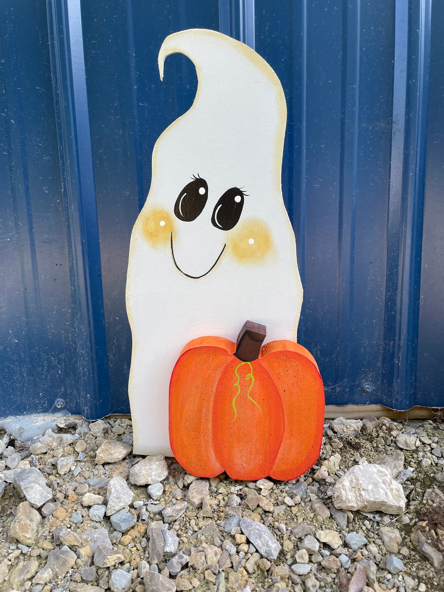 Hand Painted Wood Art - Ghost and Pumpkin Rustic Decoration - Fall and Halloween - For Indoor and Outdoor