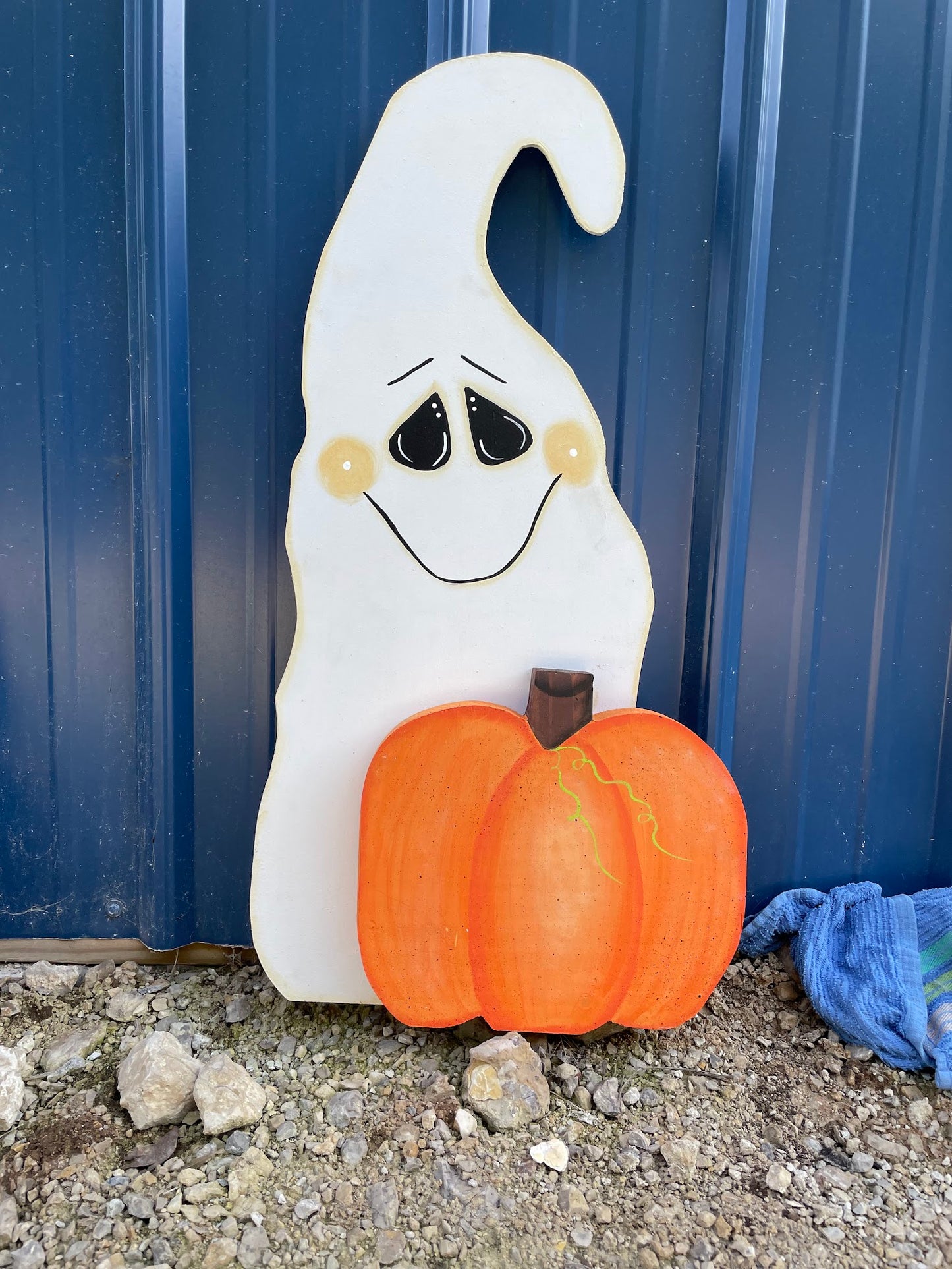 Hand Painted Wood Art - Ghost and Pumpkin Rustic Decoration - Fall and Halloween - For Indoor and Outdoor