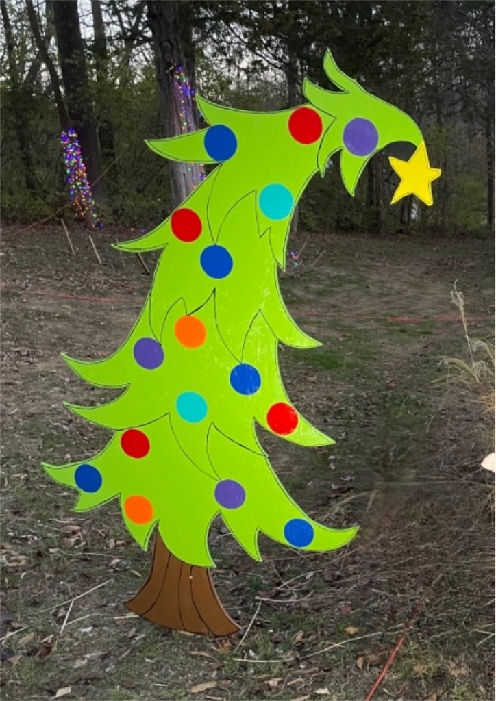 Hand Painted Wooden Yard Art - Grinch Style Tree - Outdoor Ready