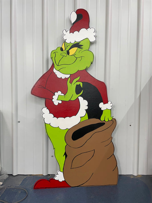 Hand Painted Wooden Yard Art - Grinch Stealing Presents with Bag - Outdoor Ready