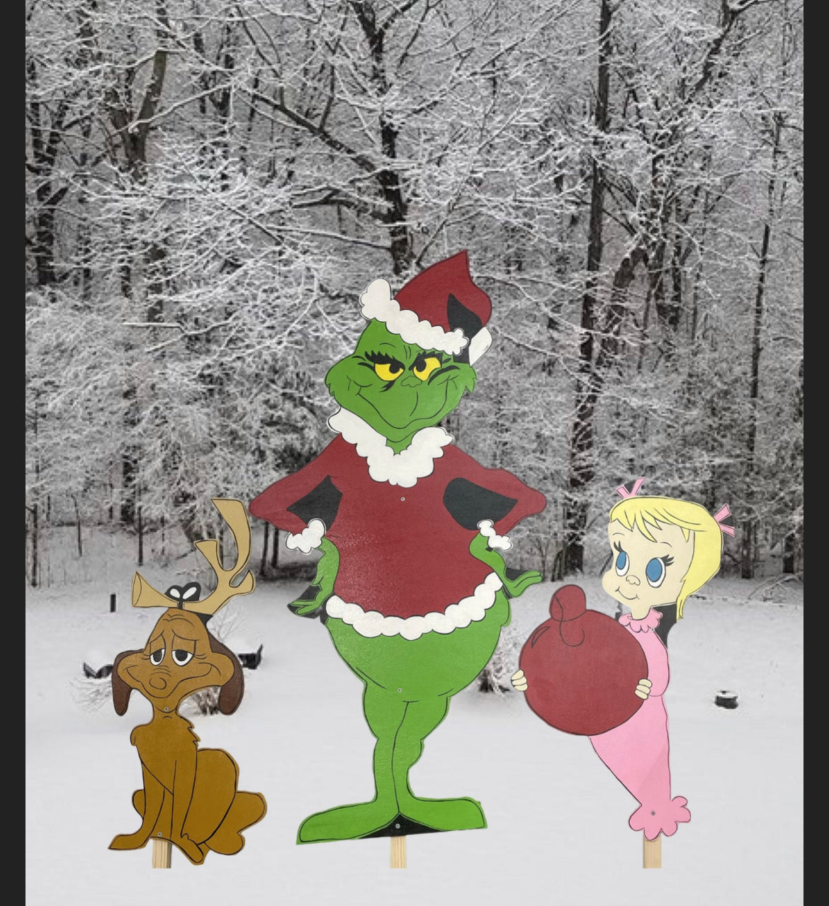 Hand Painted Wooden Yard Art - Grinch Set - Grinch, Max & Cindy Lou - Outdoor Lawn Decoration - Christmas Display