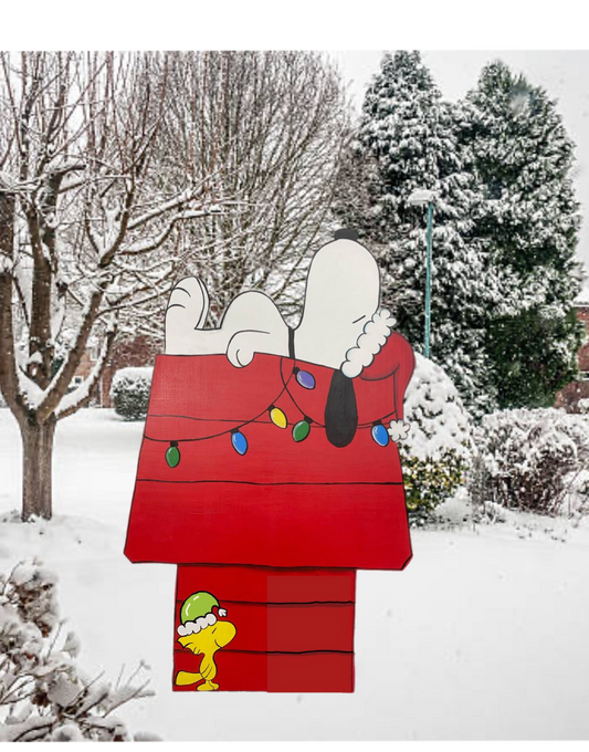 Hand Painted Wood Yard Art - Christmas Snoopy on Doghouse - Outdoor Lawn Decoration