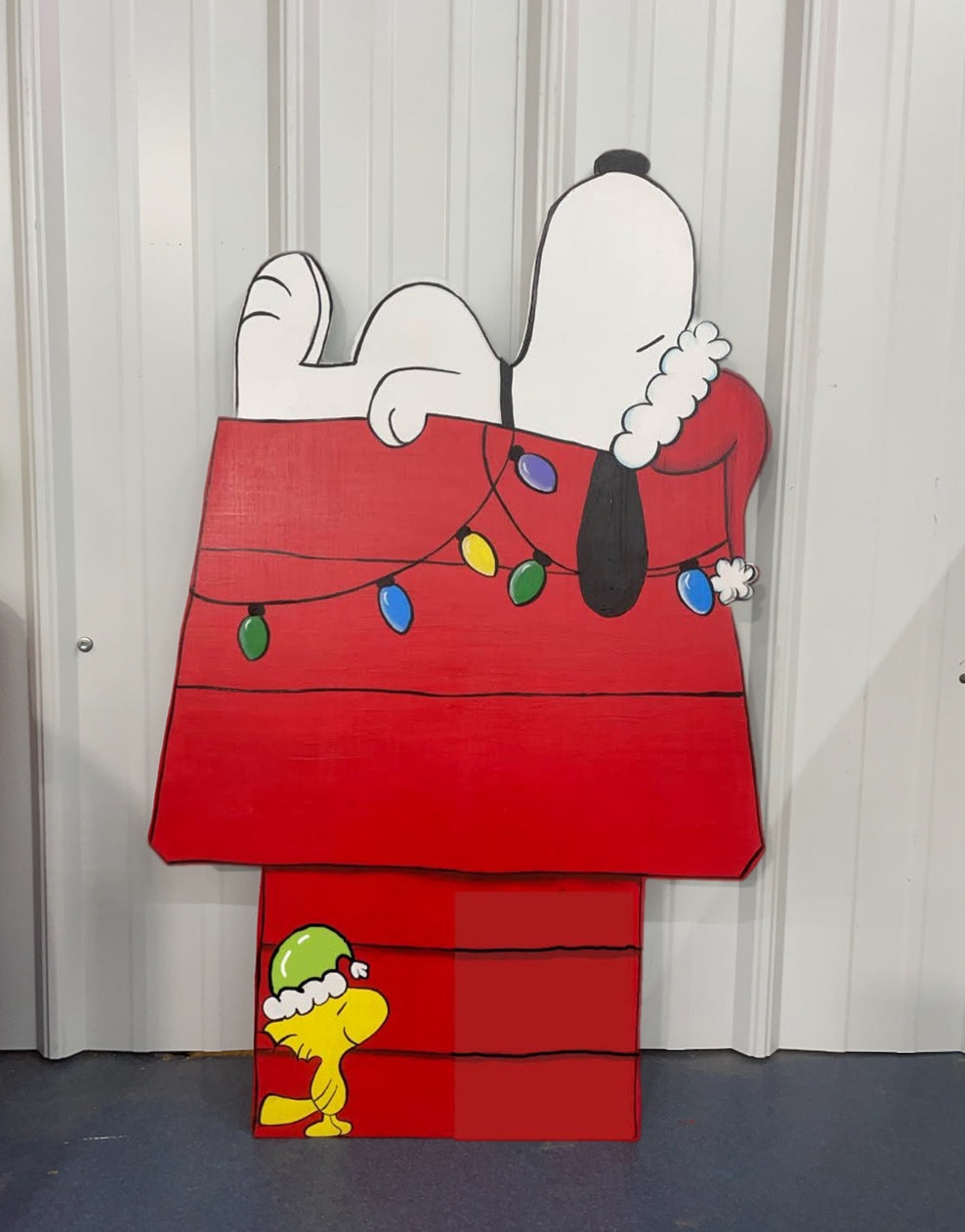 Hand Painted Wood Yard Art - Christmas Snoopy on Doghouse - Outdoor Lawn Decoration