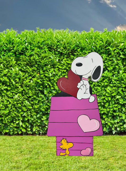 Hand Painted Wood Yard Art - Valentine's Snoopy on Doghouse - Outdoor Lawn Decoration