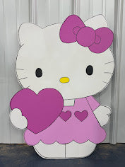 Hand Painted Wood Yard Art - Hello Kitty with Heart - Pink - Valentines, Spring, Year-Round Outdoor Lawn and Garden Decoration