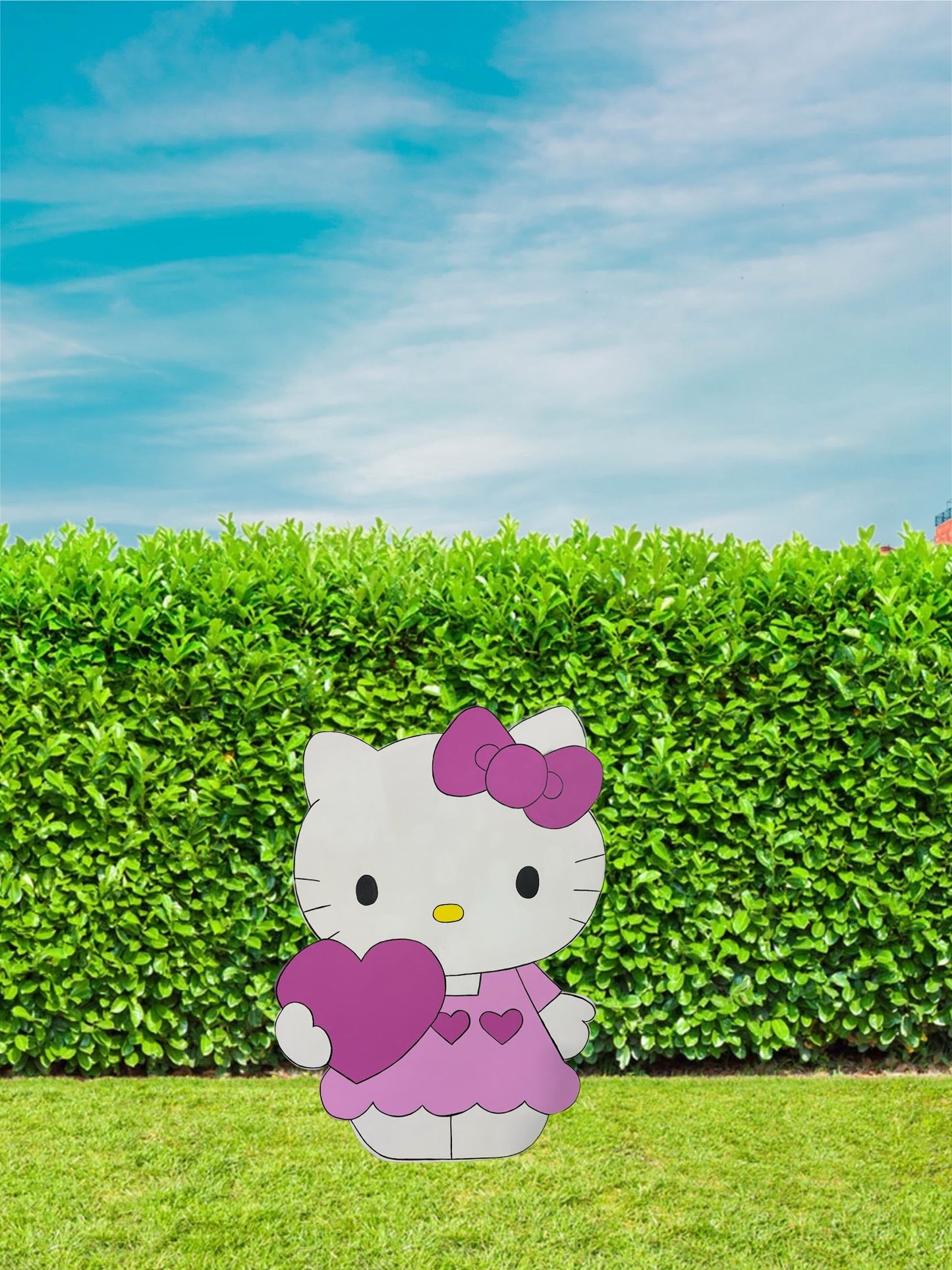 Hand Painted Wood Yard Art - Hello Kitty with Heart - Pink - Valentines, Spring, Year-Round Outdoor Lawn and Garden Decoration