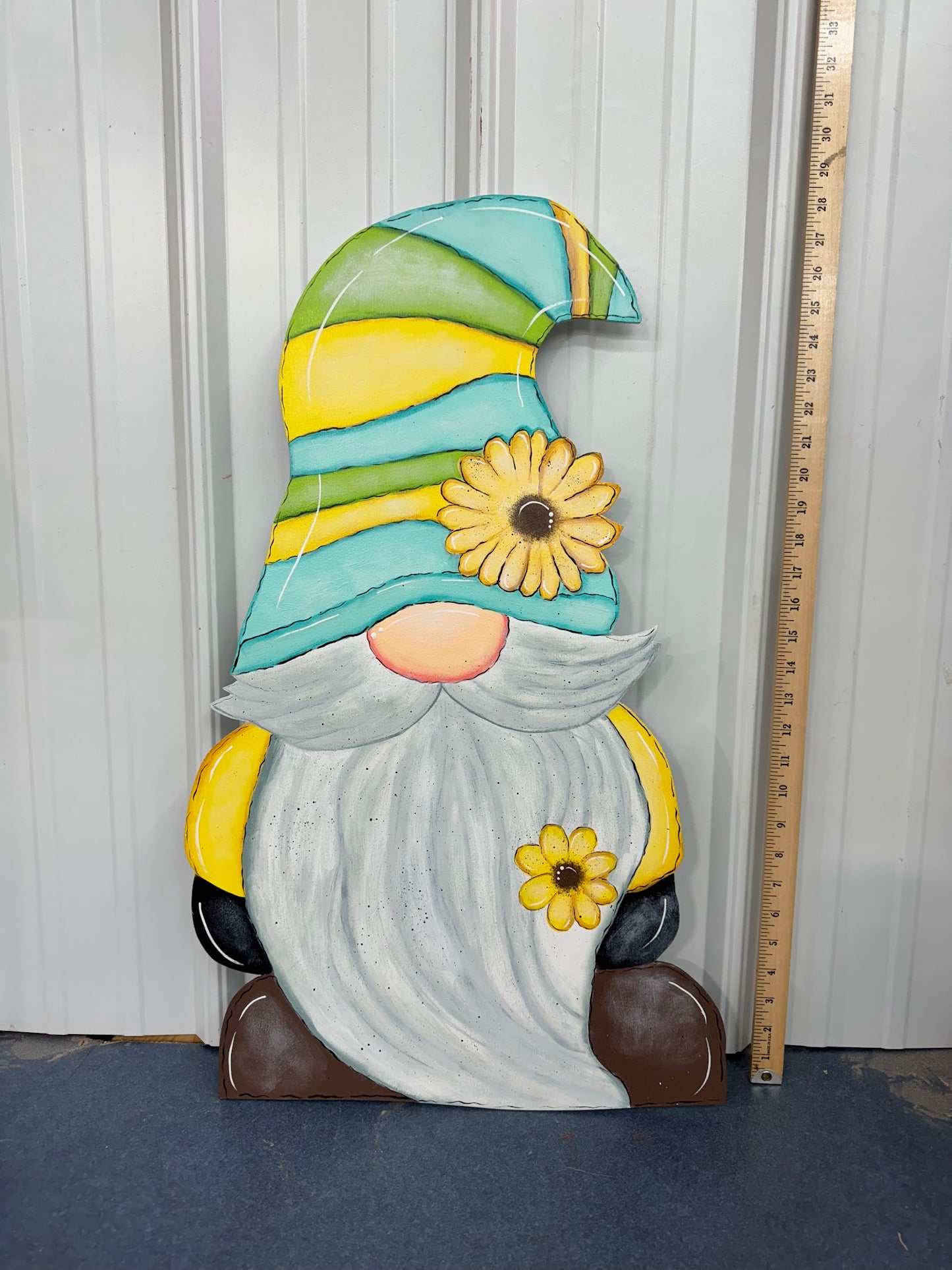 Hand Painted Wood Yard Art - Garden Gnome Gonk - Sunflower Hat - Outdoor Lawn Decoration