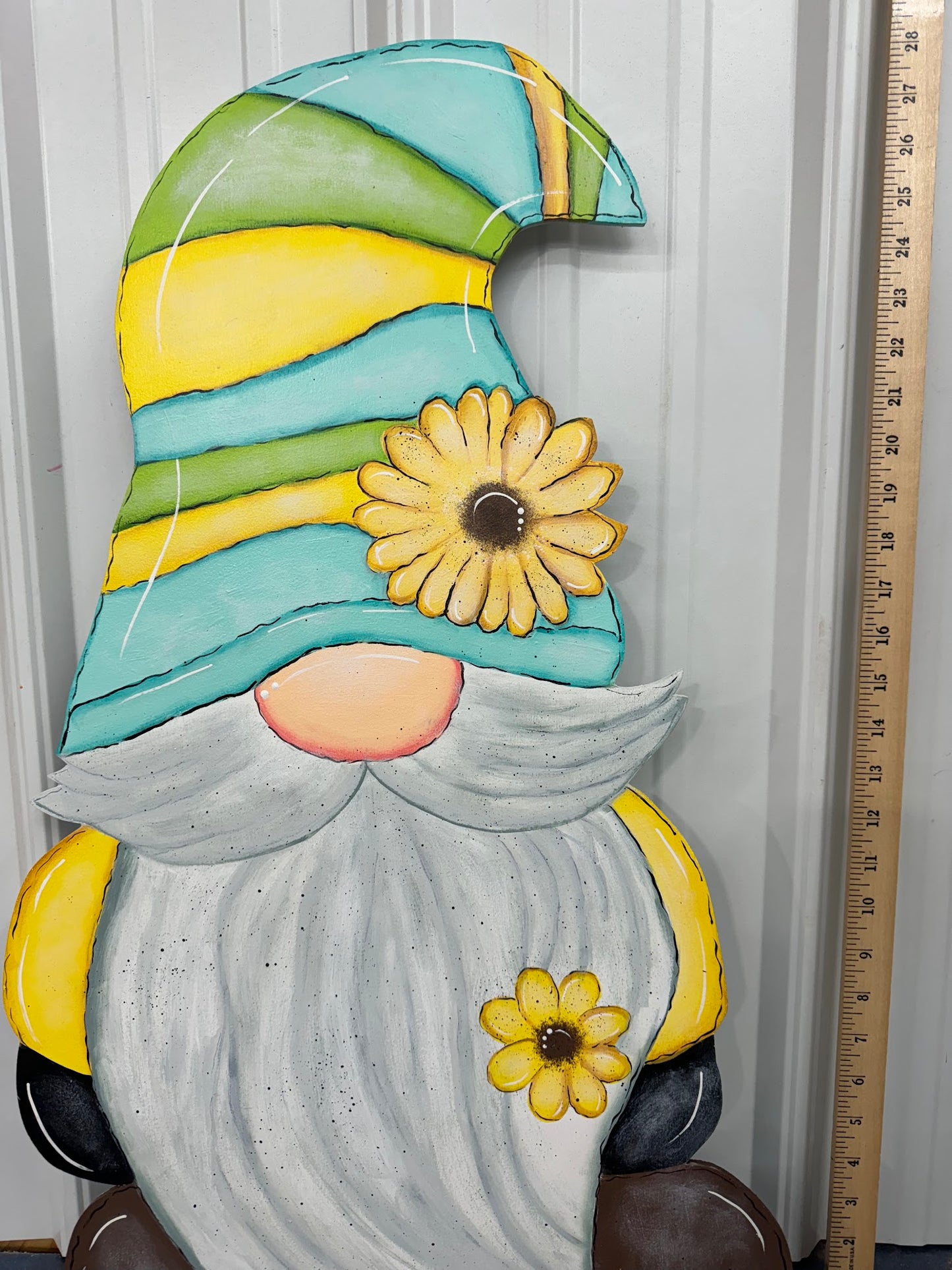 Hand Painted Wood Yard Art - Garden Gnome Gonk - Sunflower Hat - Outdoor Lawn Decoration