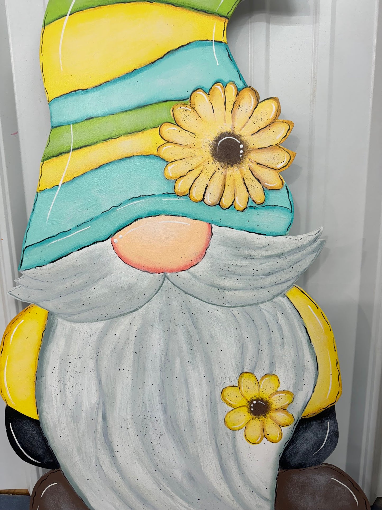 Hand Painted Wood Yard Art - Garden Gnome Gonk - Sunflower Hat - Outdoor Lawn Decoration