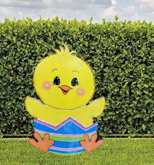 Hand Painted Wood Yard Art - Easter Chick in Egg - Spring Outdoor Lawn and Garden Decoration