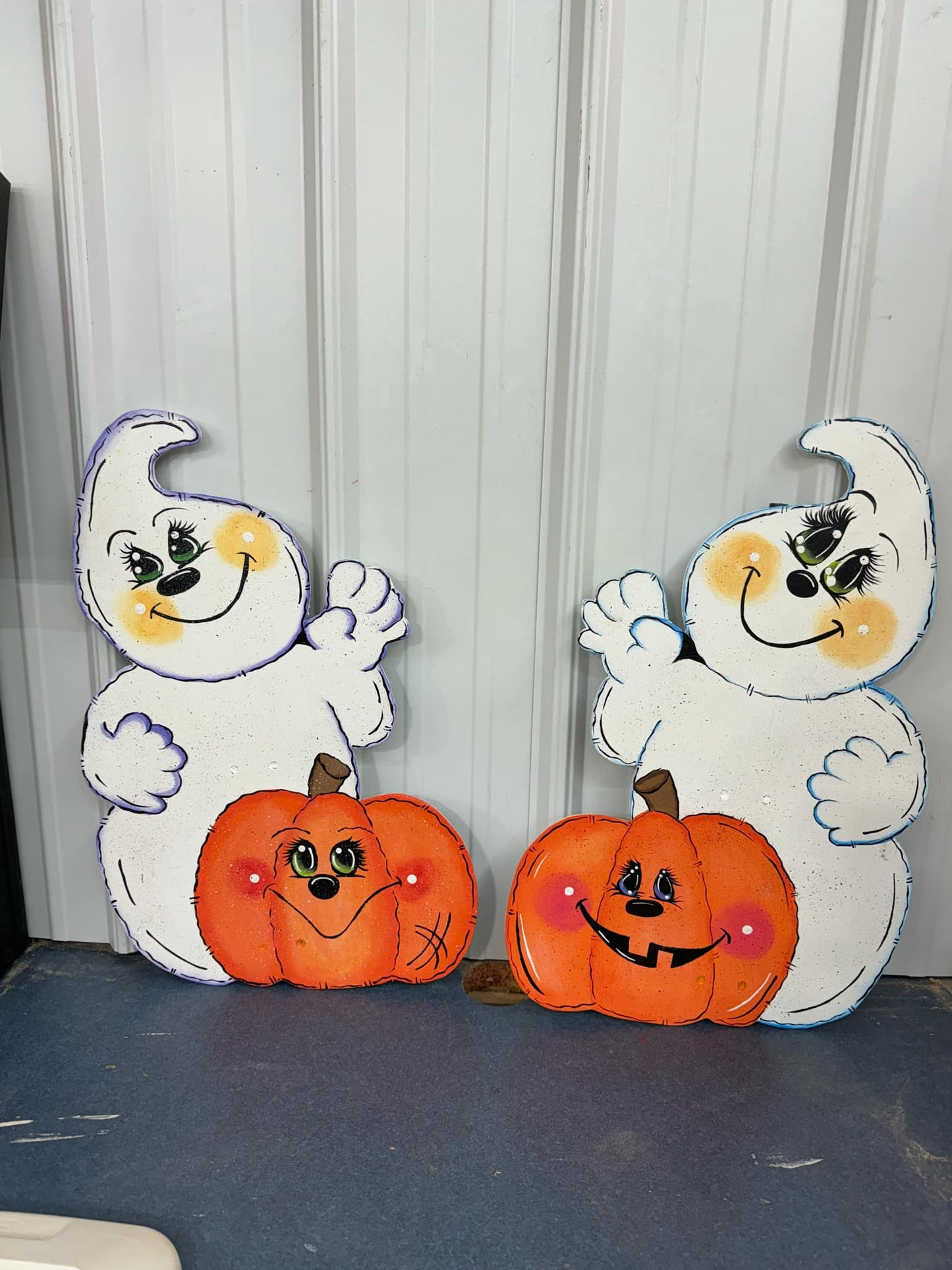 Hand Painted Wood Yard Art - Cute Ghost with Pumpkin - Fall or Halloween - Lawn or Garden Decoration - Outdoor or Indoor