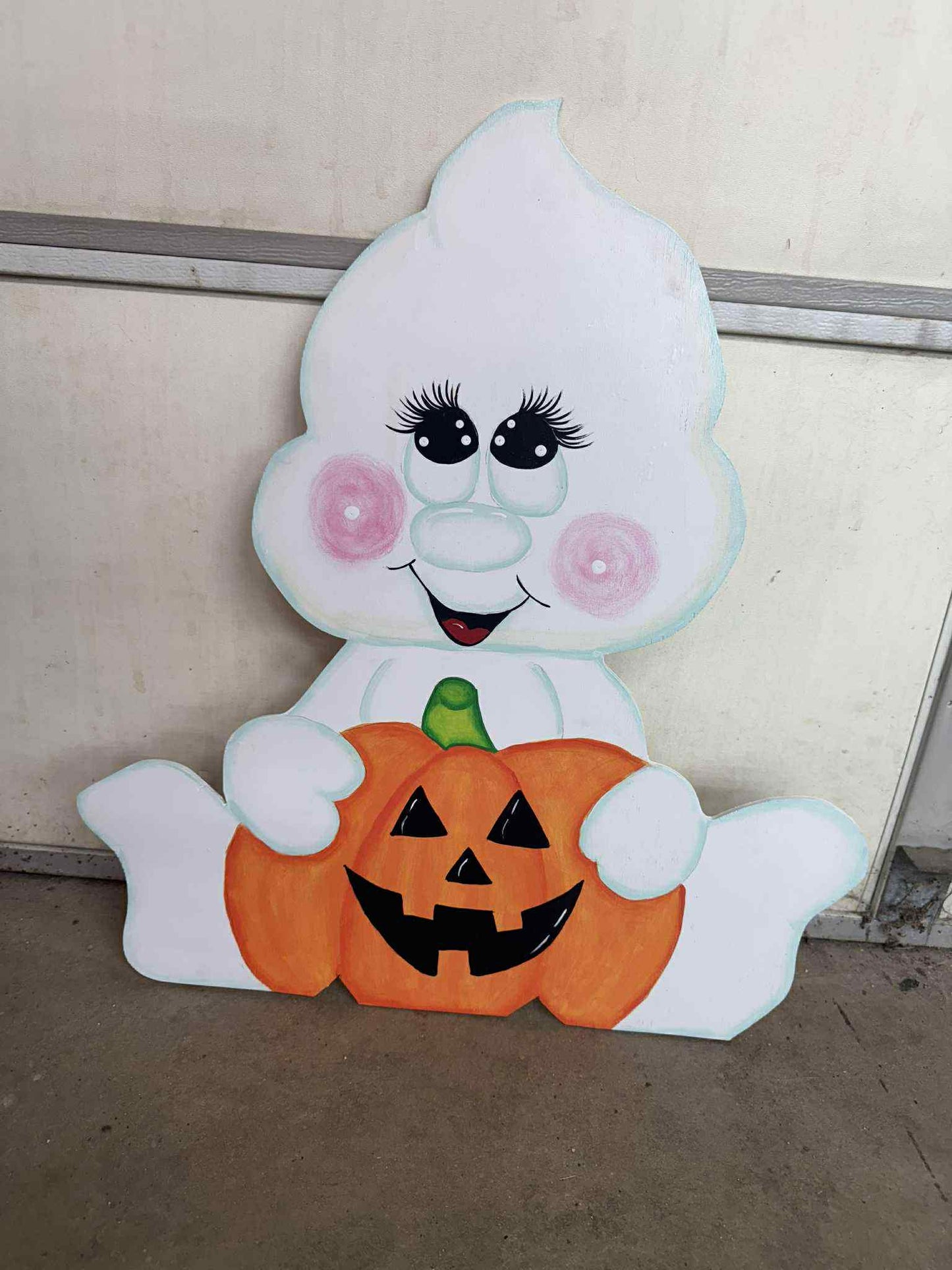 Hand Painted Wood Yard Art - Cute Ghost with Jack o Lantern - Fall or Halloween - Lawn or Garden Decoration - Outdoor or Indoor (Copy)