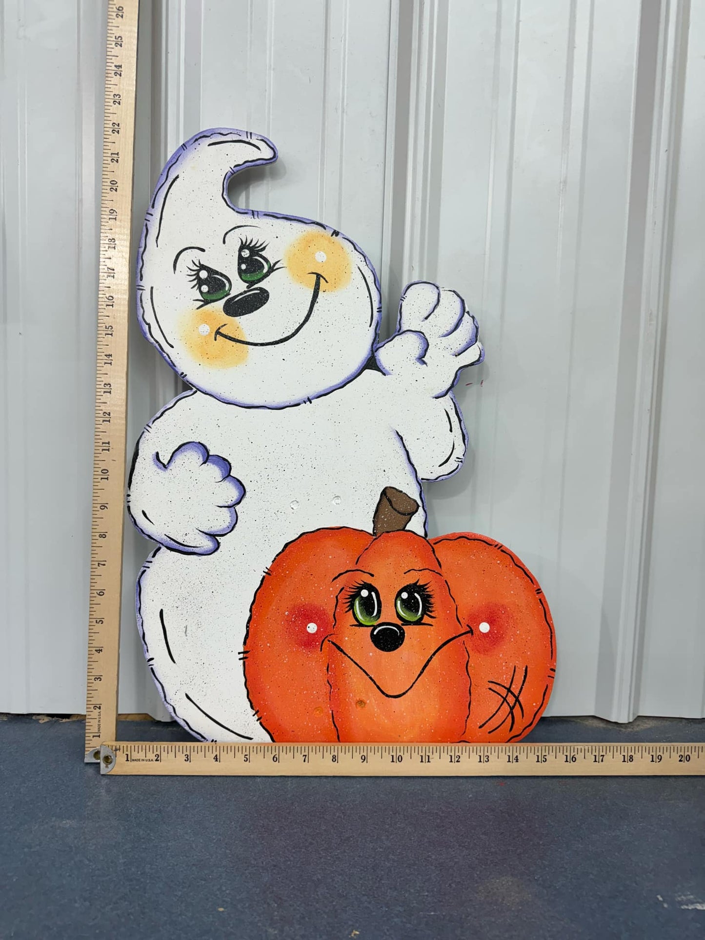 Hand Painted Wood Yard Art - Cute Ghost with Pumpkin - Fall or Halloween - Lawn or Garden Decoration - Outdoor or Indoor