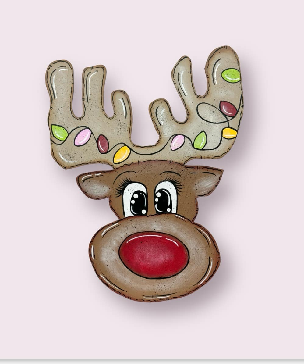 Hand Painted Wood Yard Art - Christmas Winter Reindeer Rudolph Festive Lights - Lawn or Garden Decoration - Outdoor or Indoor