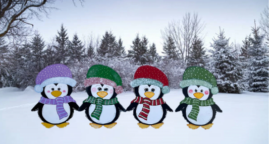 Hand Painted Wood Yard Art - Cute Winter Gear Penguins - Winter or Christmas Outdoor Lawn and Garden Decorations