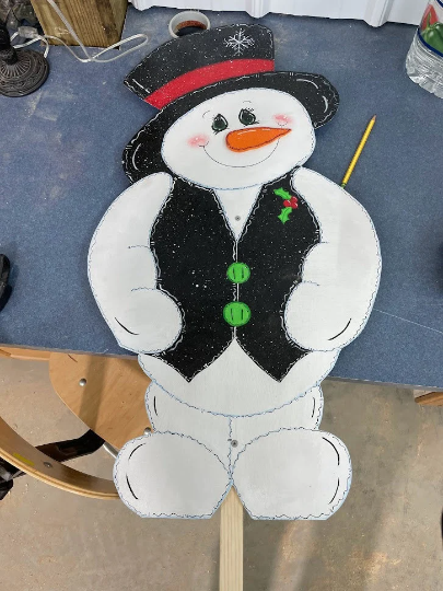 Hand Painted Wood Yard Art - Snowman with Top Hat - Outdoor Winter and Christmas Lawn and Garden Decoration