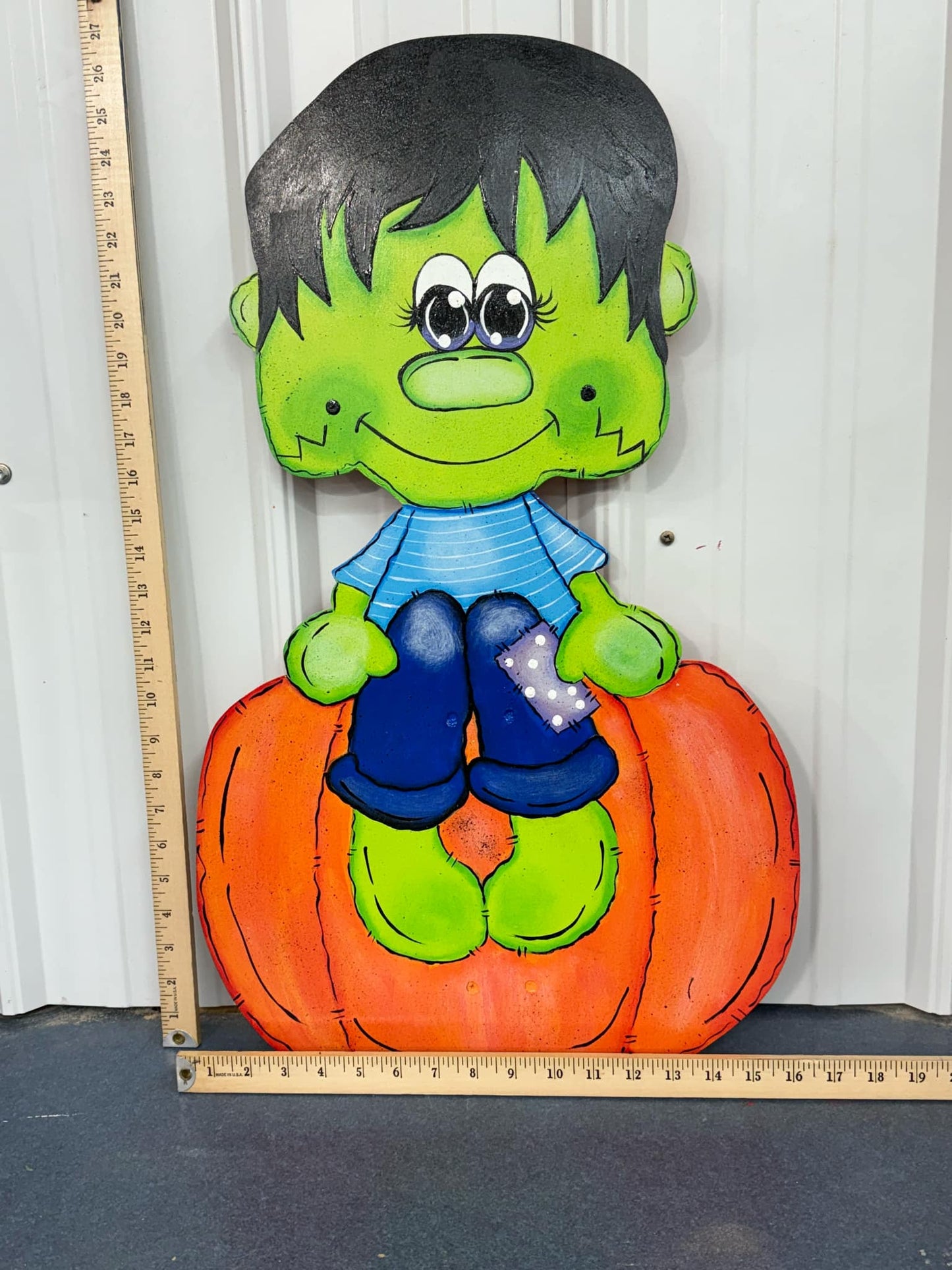 Hand Painted Wood Yard Art - Halloween Fall Frankenstein Boy- Lawn or Garden Decoration - Outdoor or Indoor