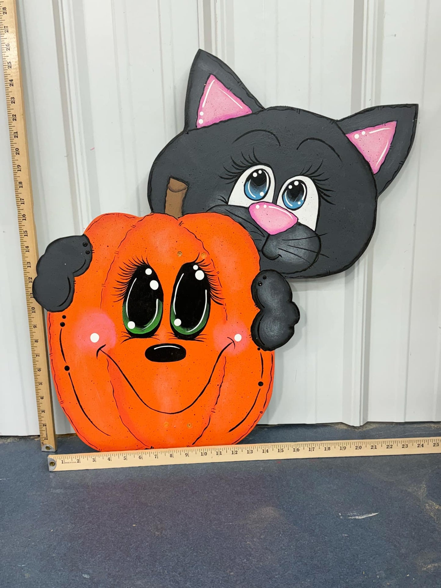 Hand Painted Wood Yard Art - Halloween Fall Black Cat & Jack o' Lantern - Lawn or Garden Decoration - Outdoor or Indoor