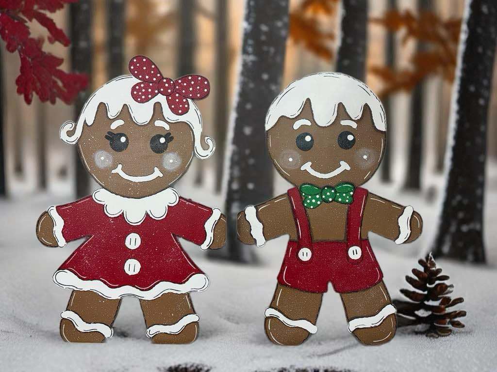 Hand Painted Wood Yard Art - Christmas Winter Gingerbread Boy and Girl - Lawn or Garden Decoration - Outdoor or Indoor