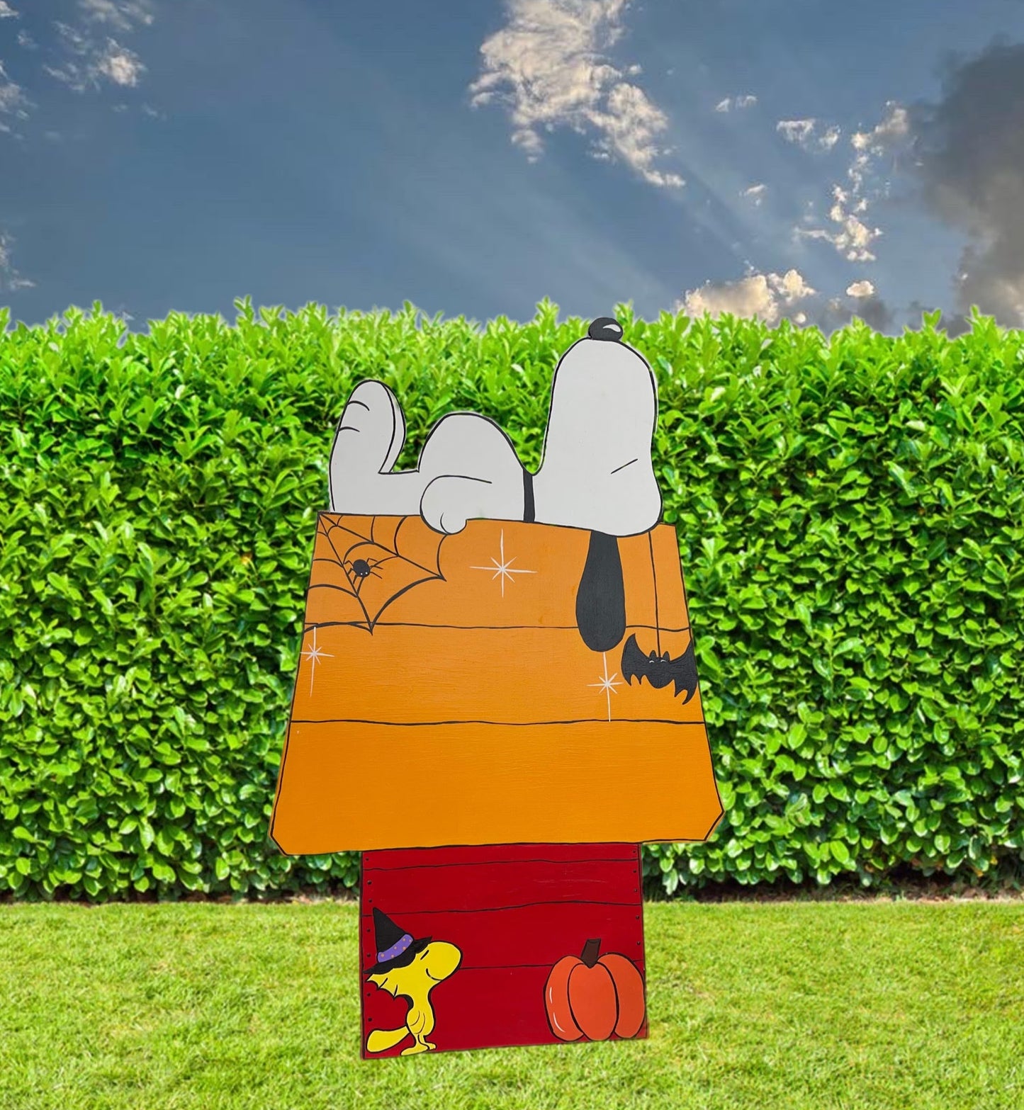 Hand Painted Wood Yard Art - Halloween Snoopy on Doghouse - Outdoor Lawn Decoration